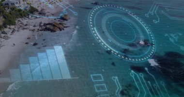 Sahildeki sahili güneş şemsiyeleriyle kaplayan dijital arayüz grafiği, kopyalama alanı. Eğlence, eğlence, manzara, teknoloji, rahatlama, açık hava, bağlantı