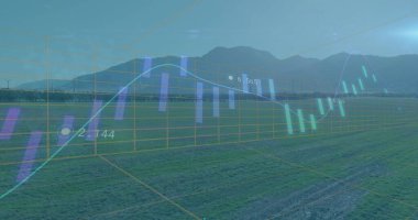 Rüzgâr türbinleri, şamdanlar, çizgi grafikleri ve sayısal etiketlerle kaplanmış üç boyutlu grafiği gösteriyor. Teknoloji, yenilenebilir, manzara, veri, finans, yenilik, sürdürülebilirlik