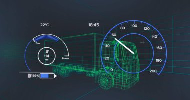 Eko-to-Power göstergesi ve hız göstergesi ile şebeke tünelinde hareket eden 3D kablo kamyon görüntüleniyor. Futuristik, teknoloji, ulaşım, yenilik, dijital, araç, veri görselleştirmesi