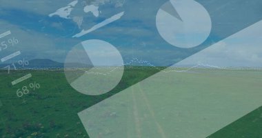 Turta grafikleri, bar, dünya haritası üzerinde yüzdelik etiketler toprak yollu otlaklar, ph testleri. Peyzaj, veri görselleştirme, analitik, çevre dostu, bilgi, kırsal, modern