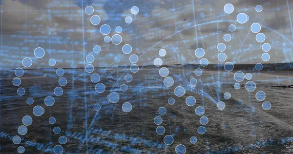 Karanlık çöktüğünde denizde yüzen dijital DNA sarmalını, düğümleri, kılavuz hatları ve kod metinleriyle gösteriyor. Fütürist, biyoteknoloji, bilim, teknoloji, dijital, soyut, okyanussal