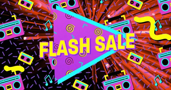 Mor FLASH satış pankartı 80 'lerin grafiklerinde, neon kaset ve boombox simgeleriyle sergileniyor. Retro, neon, canlı, promosyon, grafik, klasik, enerjik