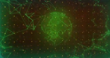Yükleme kablosu üzerinde, yer değiştiren noktalar ile dönen ve veri görselleştirmesi için ağ oluşturan bir küre. Coğrafya, teknoloji, bağlantı, dijital, yenilik, küresel, fütürist