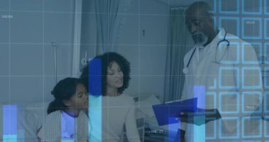 Erkek doktor odaya pano ile giriyor. Tıbbi sonuçları animasyon çizelgeleri olarak açıklıyor. Sağlık, hasta bakımı, veri görselleştirme, aile desteği, tıbbi danışma, hastane ortamı, profesyonellik