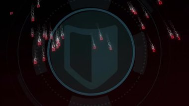 Kalkan zayıflaması halkaların oluşumunu tetikler, ikili kod ile döner, veri güvenliğini görselleştirir. Siber güvenlik, dijital arayüz, gelecek, teknoloji, animasyon, veri akışı, yüksek teknoloji