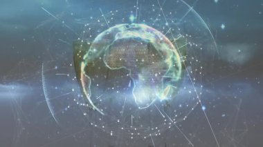 Zayıf şebeke görünüyor, veriler birleşerek ağ genişlemesini gösteren dönen Dünya hologramına dönüşüyor. Dijital, fütüristik, dolambaçlı, bağlantı, teknoloji, görselleştirme, ölçek