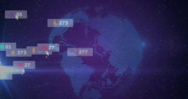 Dünya 'yı kozmosta döndürmek bildirimleri görselleştirmek, imlecler yenilenmek, yükselen sayıları saymak ve düşmek. Dijital, fütüristik, sürükleyici, teknoloji, soyut, dinamik, siber