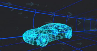 Oklar tünel boyunca kayarak neon cyan telli arabanın etrafında ileri hareket illüzyonu yaratıyor. Fütürist, dijital, soyut, hareket, teknoloji, otomotiv, minimalist