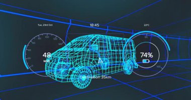 Saatteki kablo görüntüleme minibüsü HUD hız tırmanışını güncelliyor ve görselleştirme işlemi bırakılıyor. Fütürist, dijital, teknoloji, sanal, hareket, dalgın, otomotiv
