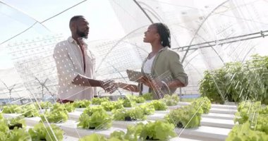 Ortaklar hidrofonik büyüme tıkırtısı tableti tartışırken el sıkışma sırasında grafiğin örtüşmesine neden oluyorlar. Tarım, teknoloji, yenilik, sürdürülebilirlik, üretkenlik, ortaklık, kentsel tarım