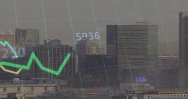 Şebeke yeşil çizginin kıvılcımını çakıyor sonra mavi ve sarı çizgiler pazar eğilimlerini gösteriyor. Finansal görselleştirme, veri analizleri, kentsel manzara, modern tasarım, teknolojik yenilik, kurumsal iletişim, dijital ekonomi