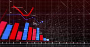3D kırmızı ve mavi çizgiler canlanmaya başlıyor, dalgalanan çizgiler finansal eğilimleri gösteriyor. Veri, analitik, görselleştirme, dijital, teknoloji, yatırım, büyüme