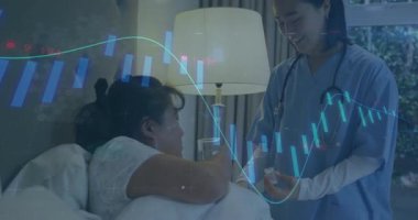 Hemşire, hasta sağlık için fincana uzandıktan sonra animasyon veri grafikleriyle ilaç veriyor. Sağlık, hasta bakımı, tıbbi yardım, klinik çevre, sağlık, profesyonel personel, yetiştirme