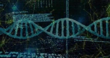 Çift sarmal iplik akış kodu ve titreşim ağı düğümleriyle yanal kaymayı başlatıyor. Futuristik, dijital, teknoloji, ağ, veri, yenilik, soyut