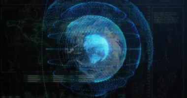 Veri küresi ortaya çıktığında, holografik dünya veri senkronizasyonu için titreşim halkalarıyla dönüyor. Hologram, fütürist, dijital, teknoloji, arayüz, görselleştirme, siber uzay