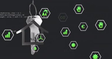 Anahtarlık asılı simgeler yüzen metrik güncelleme ve yeşil ev için kod kaydırma ile başlar. Teknoloji, sürdürülebilirlik, dijital, çevre, yenilik, veri görselleştirme, çevre dostu