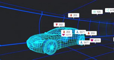 Neon tüneline giriliyor, 3 boyutlu kablo çerçeveli araba. Rozetleri gösteriyor. Değişken simülasyon çarpışmasını somutlaştırıyor. Fütürist, dijital, sanal, dinamik, parlak, teknoloji, veri görselleştirmesi