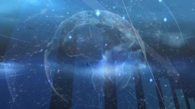 Dijital küre ortaya çıkıyor, dönüyor, düğümleri birbirine bağlıyor ve veri akışını görselleştiriyor. Teknoloji, analitik, bağlantı, görselleştirme, siber alan, yenilik, zeka