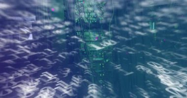 Sunucu rafı görüntüsü açılıyor. 3D kod glifleri başlatılıyor. Ağ verileri genişletiliyor ve kayboluyor. Teknoloji, siber güvenlik, veri, bulut, yenilik, fütürist, dijital