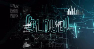 CLOUD metnini etkinleştiren deniz mavisi düğümlerini gösteren arayüz soluyor sonra veri eğilimini göstermek için grafikler yükseliyor. Teknoloji, yenilik, analitik, ağ, veri görselleştirme, fütüristik, dijital ortam