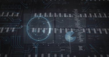 Pasta, bar ve çizgi grafikleri ile ızgara arayüzünde parlayan dairesel veri görsellemesi gösteriliyor. Teknoloji, yenilik, dijital, veri, görselleştirme, fütüristik, analitik