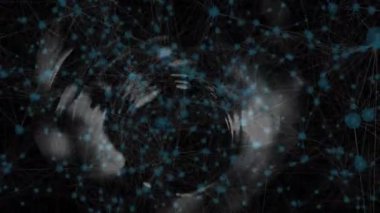 Veri akışını temsil etmek için girdap etrafında kıvrılmadan önce birbirine bağlanan dijital ağ düğümleri. Teknoloji, siber uzay, veri, bağlantı, yenilik, soyutlama, fütüristik