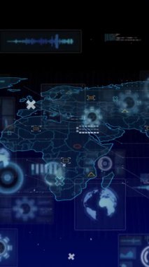 Dünya haritası üzerinde dürbün, işaret ve veri işleme animasyonları. küresel bağlantılar, dijital arayüz ve dijital olarak oluşturulmuş video işleme konsepti.