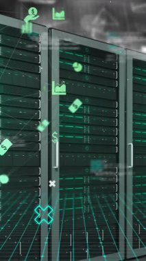 Sunucu odasında veri işleme ve ortam simgelerinin canlandırılması. küresel iş, finans, bağlantılar ve dijital arayüz konsepti dijital olarak oluşturulmuş video.