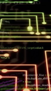 Veri işleme animasyonu ve siyah arkaplan üzerindeki çizgiler. Küresel iş ve dijital arayüz kavramı dijital olarak oluşturulmuş video.