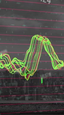 Şehir manzarasının havadan görüntüsüne karşı veri işleme üzerinde yüzen numaraların animasyonu. Bilgisayar arayüzü ve iş veri teknolojisi kavramı
