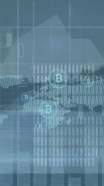Bitcoinlerin animasyonu, dünya haritası ve manzara üzerindeki finansal veriler. Küresel iş, finans, para ve ekonomi kavramı dijital olarak oluşturulmuş video.