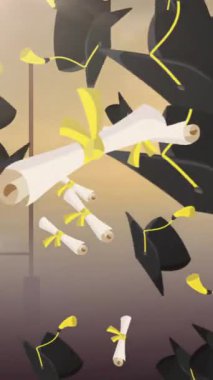 Mezuniyet şapkaları ve diplomalar günbatımı arka planında. Kutlama, başarı, başarı, eğitim, tören, ilham