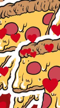 Multiple red heart icons floating against multiple pizza slice icons on red background. national pizza day awareness concept