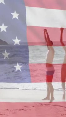 Amerika bayrağının yaz aylarında sahildeki çeşitli arkadaşlara karşı animasyonu. Usa, Amerikan çeşitliliği, ulusal bayrak ve vatanseverlik kavramı dijital olarak oluşturulmuş video.