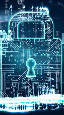 Çevrimiçi güvenlik kilidinin animasyonu, ikili kodlama üzerinde veri işleme. Küresel çevrimiçi güvenlik, veri işleme, dijital arayüz ve bağlantılar konsepti dijital olarak oluşturuldu.