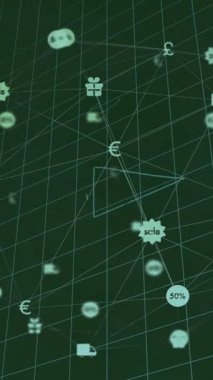 Karatahtadaki matematiksel denklemler üzerinden iş simgeleri ağının animasyonu. Ağ, veri, matematik, dijital arayüz, finans ve iletişim, dijital olarak oluşturulmuş video.