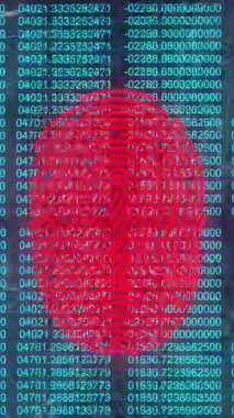 Biyometrik parmak izi tarayıcısının yeşil arkaplandaki veri işleme üzerindeki animasyonu. Küresel ağ ve iş teknolojisi kavramı