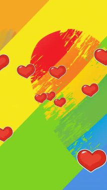 Animation of falling rainbow heats over rainbow background. lgbtq pride and equality celebration concept digitally generated video.