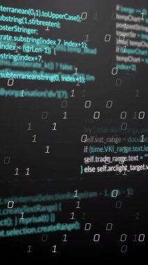 Siyah arkaplanda ikili kodlama ve veri işleme animasyonu. Teknoloji ve dijital arayüz kavramı dijital olarak oluşturuldu.