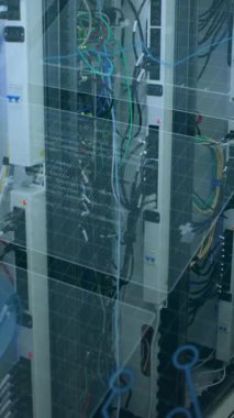 Animation of digital interface over caucasian female server room worker. Global science, connections, data processing and digital interface concept digitally generated video.