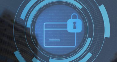 Ofis cephesinde ikili kodlu giriş kartı ve asma kilit içeren güvenlik simgesi gösteriliyor. Siber güvenlik, veri koruması, dijital arayüz, kentsel teknoloji, ağ güvenliği, geleceksel tasarım, siber güvenlik kavramı