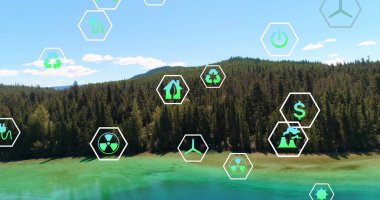 Orman tabanında eko ve enerji sembolleri gösteren altıgen simgelerle turkuaz dağ gölü sergileniyor. Doğal manzara, sürdürülebilirlik, çevre dostu, yenilenebilir enerji, koruma, açık hava ortamı, çevre bilinci