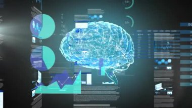 İnsan beyni ve veri işleme animasyonu. Küresel bilim, araştırma, hesaplama ve veri işleme kavramı dijital olarak oluşturulmuş video.