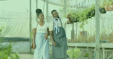 Kreş koridoruna girmek, sarmaşıkları işaret eden erkekler ve tohum alan kadınlar. Botanik, bahçıvanlık, tarım, çevre dostu, doğal, dinginlik, bahçıvanlık