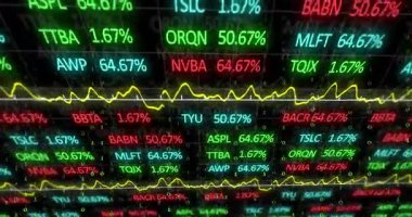 Borsa büyüyor. Yeşil ikili kodlama veri işlemesi borsanın yükselip alçalmasını temsil ediyor.