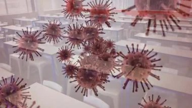 Laboratuar sınıfına giriliyor, 3 boyutlu viral modeller yüzüyor, sürükleniyor, parçacık hareketini göstermek için dönüyor. Bilimsel, eğitici, geleceksel, moleküler, biyoteknoloji, araştırma, yenilik