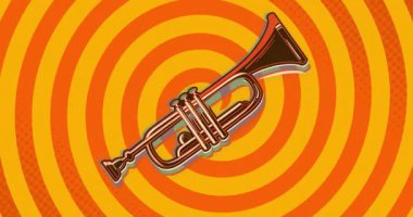 Stilize pirinçten trompet açılışı saat yönünde dönüyor ve ses dalgaları yayıyor. Müzik, caz, klasik, dinamik, multimedya, sanatçı, kutlama