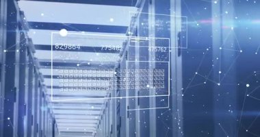 Koridor, yarı saydam UI panelleri fırlatarak canlı verileri gösteren sayısal verileri canlandırıyor. Teknoloji, veri görselleştirme, siber güvenlik, dijital altyapı, gelecekçi, ağ, analitik