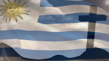 Hristiyan haçı ve Uruguay bayrağının animasyonu. Din, gelenek ve Hıristiyanlık kavramı dijital olarak oluşturulmuş video.