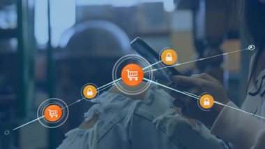 Akıllı telefonları dinlemek, kadın alışveriş arabaları üretmek, asma kilit bağlantıları olan, ekommersi emniyete almak. Teknoloji, bağlantı, dijital, yenilik, güvenlik, ağ, iletişim